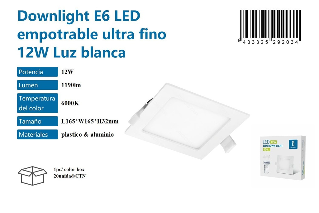 Plafón LED empotrable ultra fino 12w luz blanca 6000K para iluminación