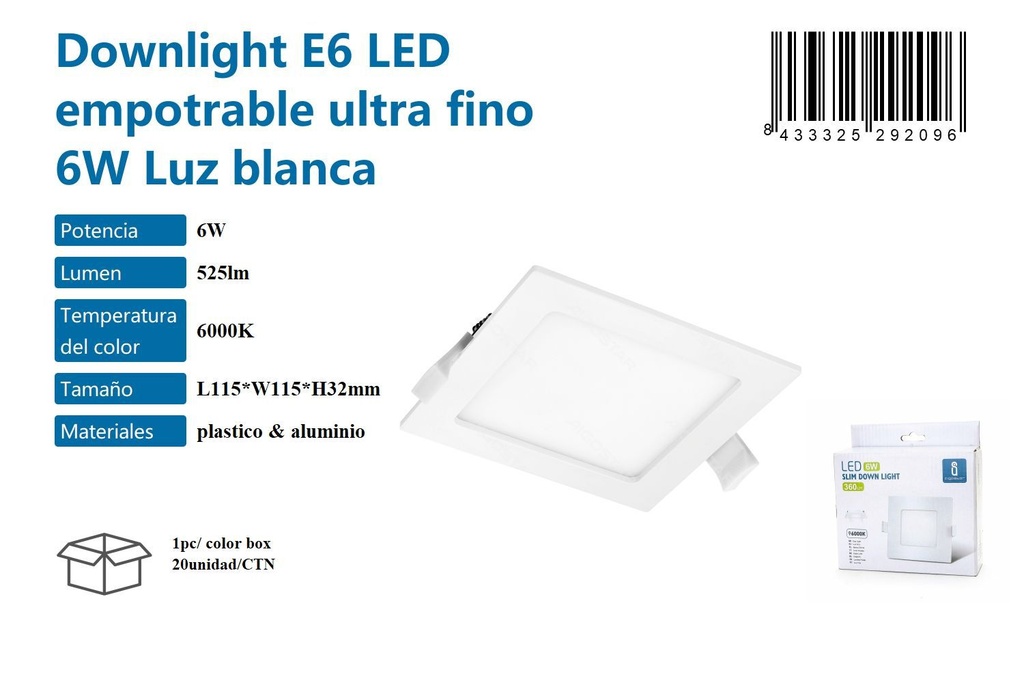 LED E6 empotrable ultra fino 6W luz blanca 6000K