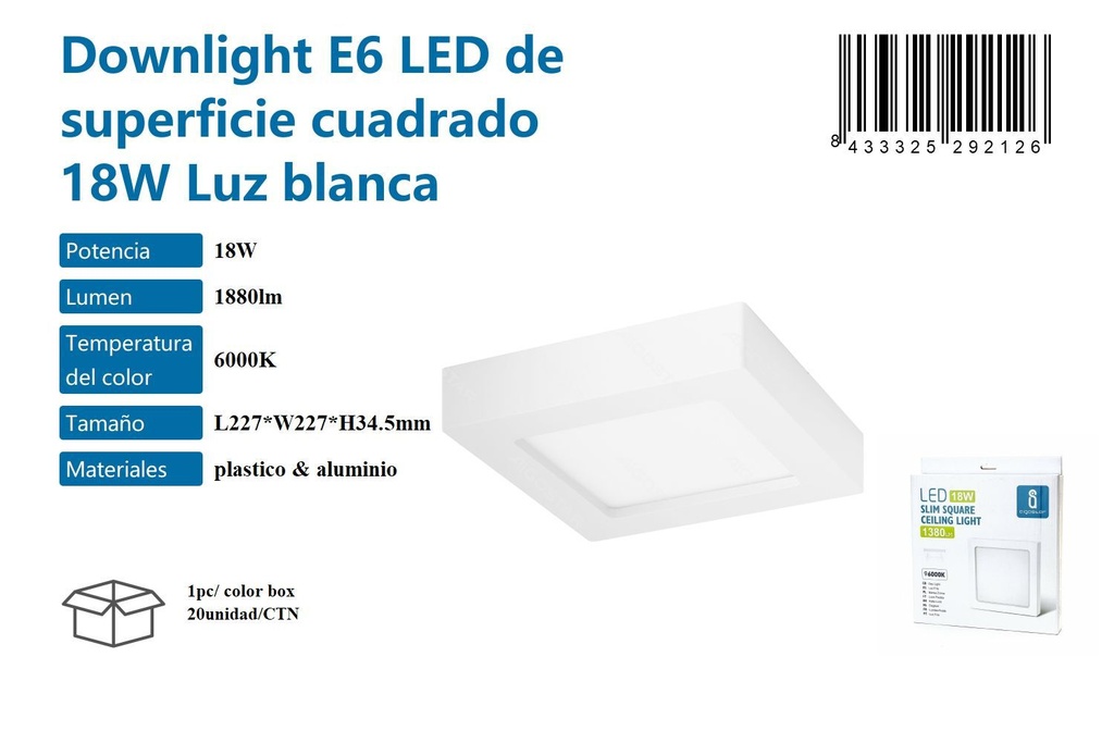 Plafón LED cuadrado de superficie 18W luz blanca 6000K