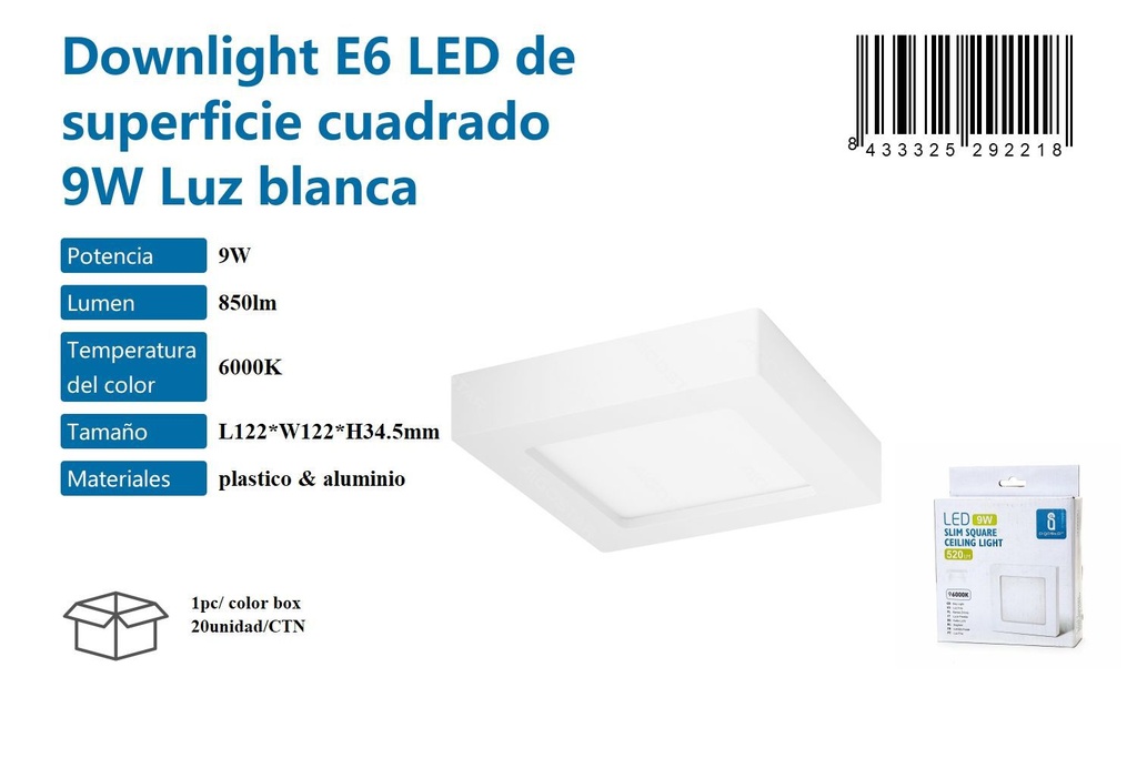 Plafón LED cuadrado 9W luz blanca 6000K para techo