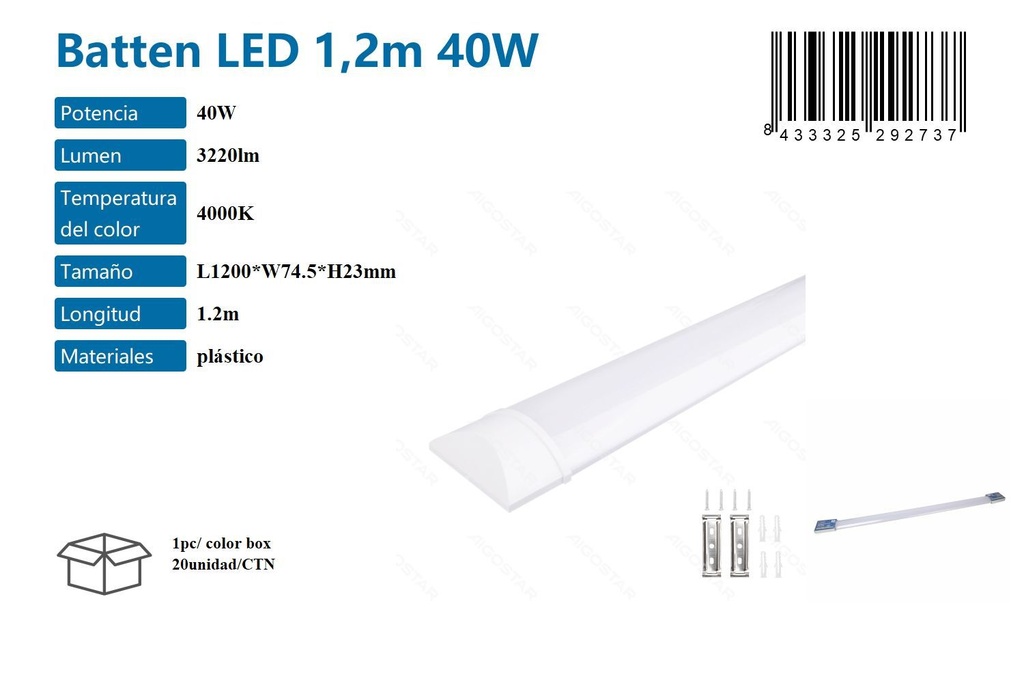 Batten LED 1.2M 40W 4000K para iluminación