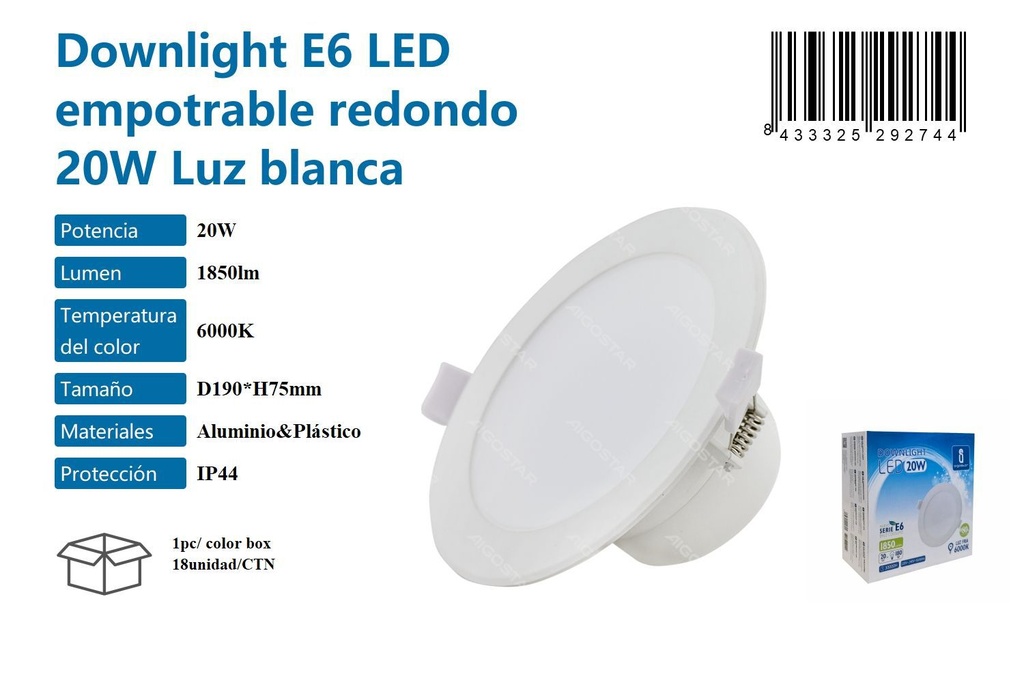 Plafón LED empotrable redondo 20W luz blanca 6000K