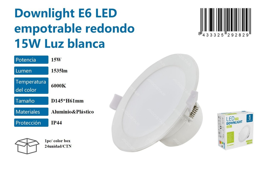 Lámpara LED empotrable redonda 15W luz blanca 6000K