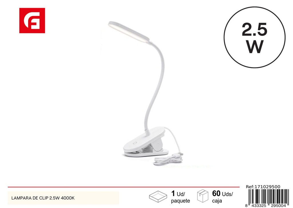 Lámpara LED de clip con enchufe 2.5W 4000K para lectura y trabajo