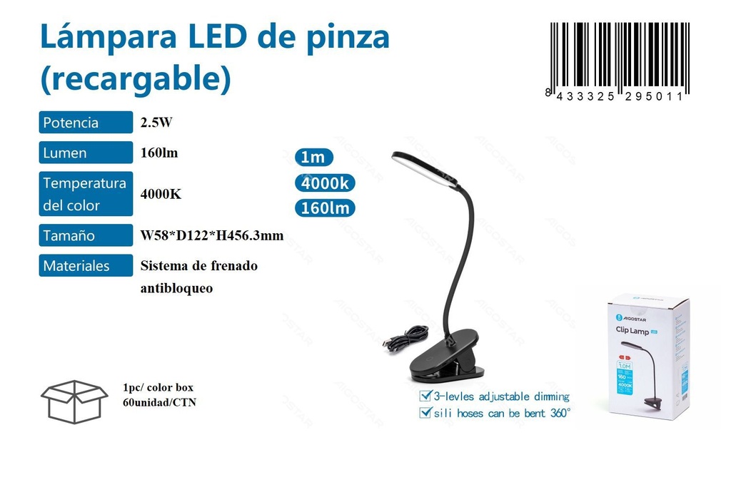 Lámpara LED de pinza recargable 2.5W 4000K para lectura y escritorio