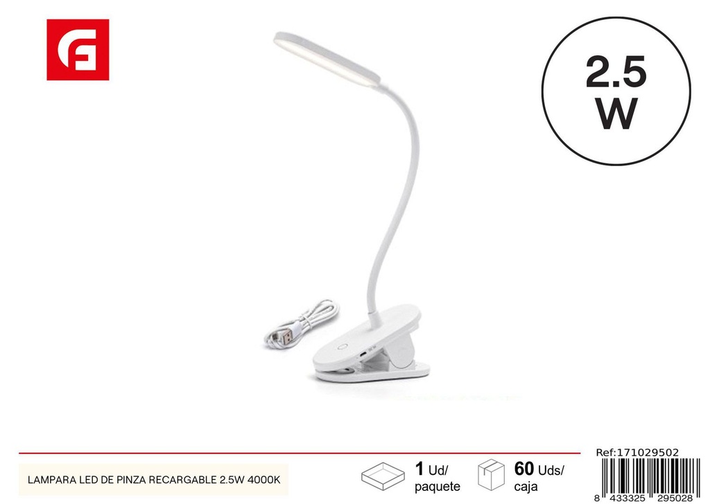 Lámpara LED de pinza recargable 2.5W 4000K