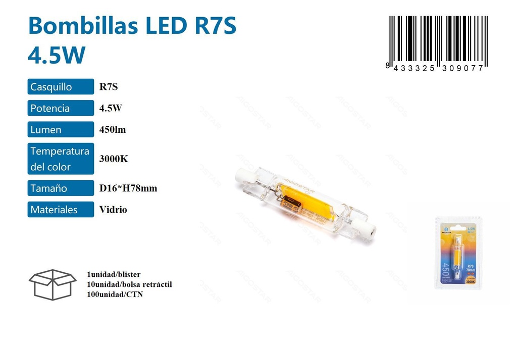 Bombilla LED R7S 4.5W 3000K para iluminación