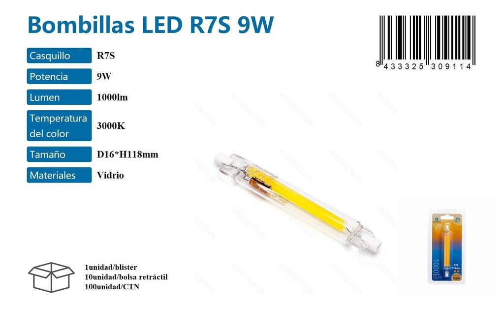 Bombilla LED R7S 9W 3000K para iluminación