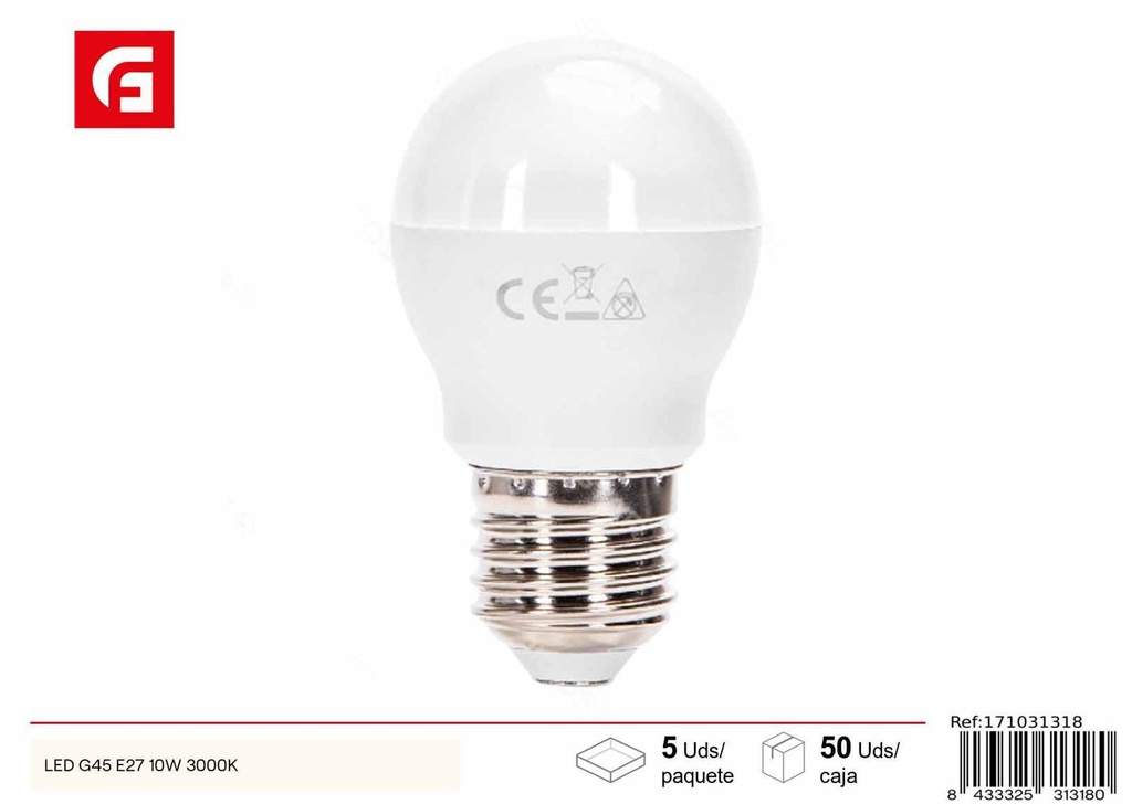 Bombilla LED G45 E27 10W 3000K iluminación