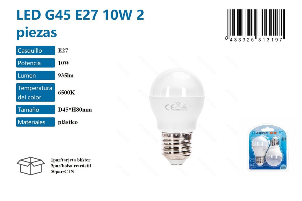 Bombilla LED G45 E27 10W 2pcs 6500K blanca