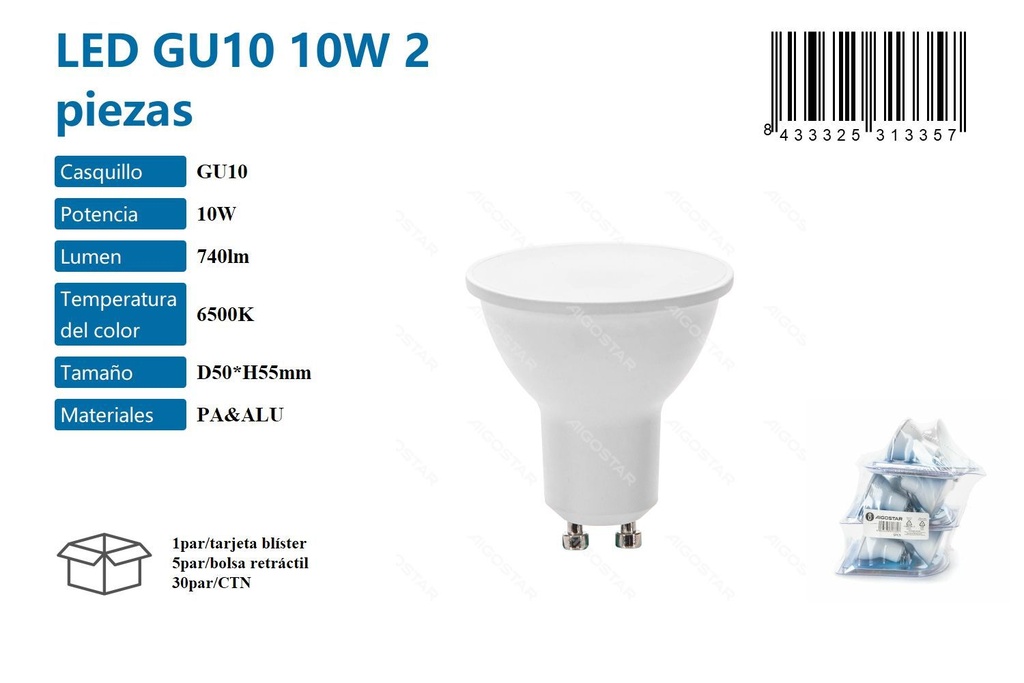 Bombilla LED GU10 10W 2pcs 6500K 740lm