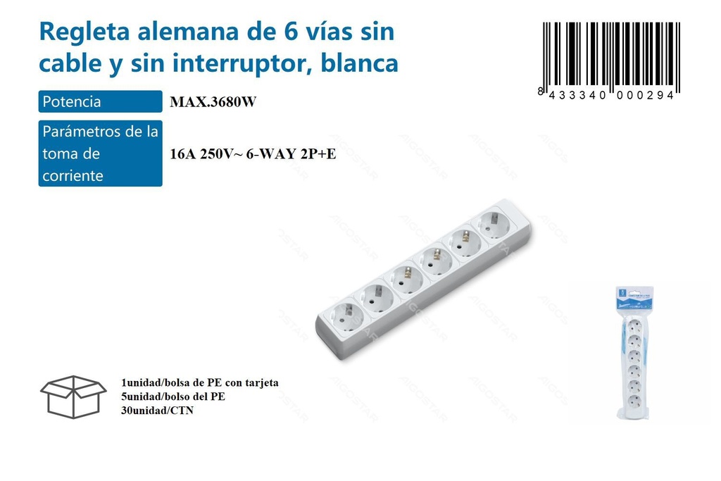 Regleta alemana de 6 vías sin cable y sin interruptor blanca para enchufes