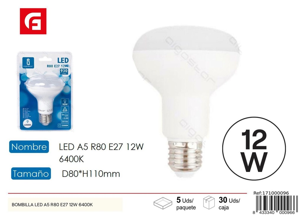 Bombilla LED R80 E27 12W 6500K para iluminación