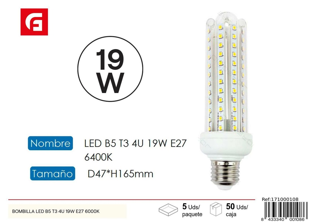 Bombilla LED de forma U 4U E27 19W 6500K