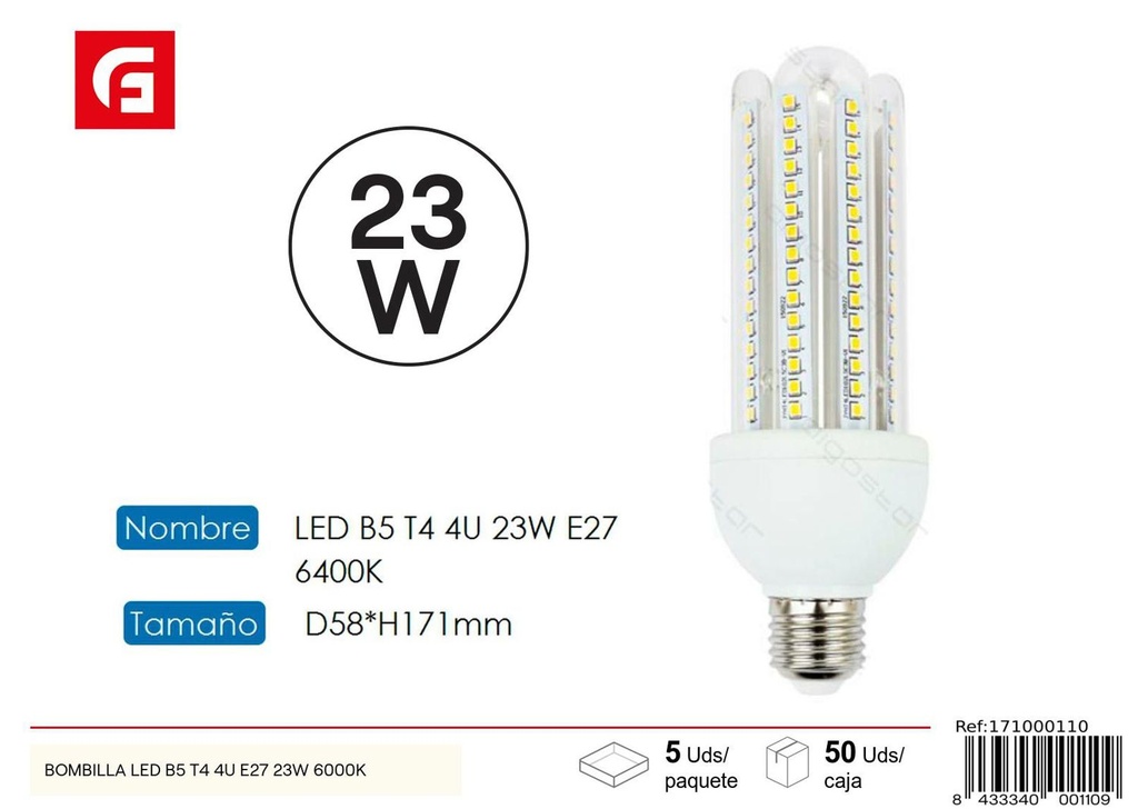 Bombilla LED en forma de U 4U E27 23W 6500K para iluminación eficiente