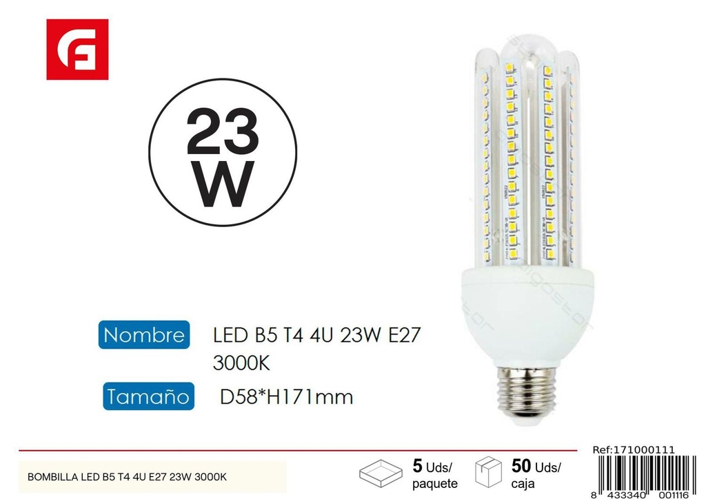 Bombilla LED en forma de U 4U E27 23W 3000K para iluminación