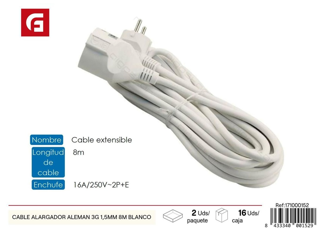 Cable alargador alemán 3G 1.5mm 8m blanco para electricidad