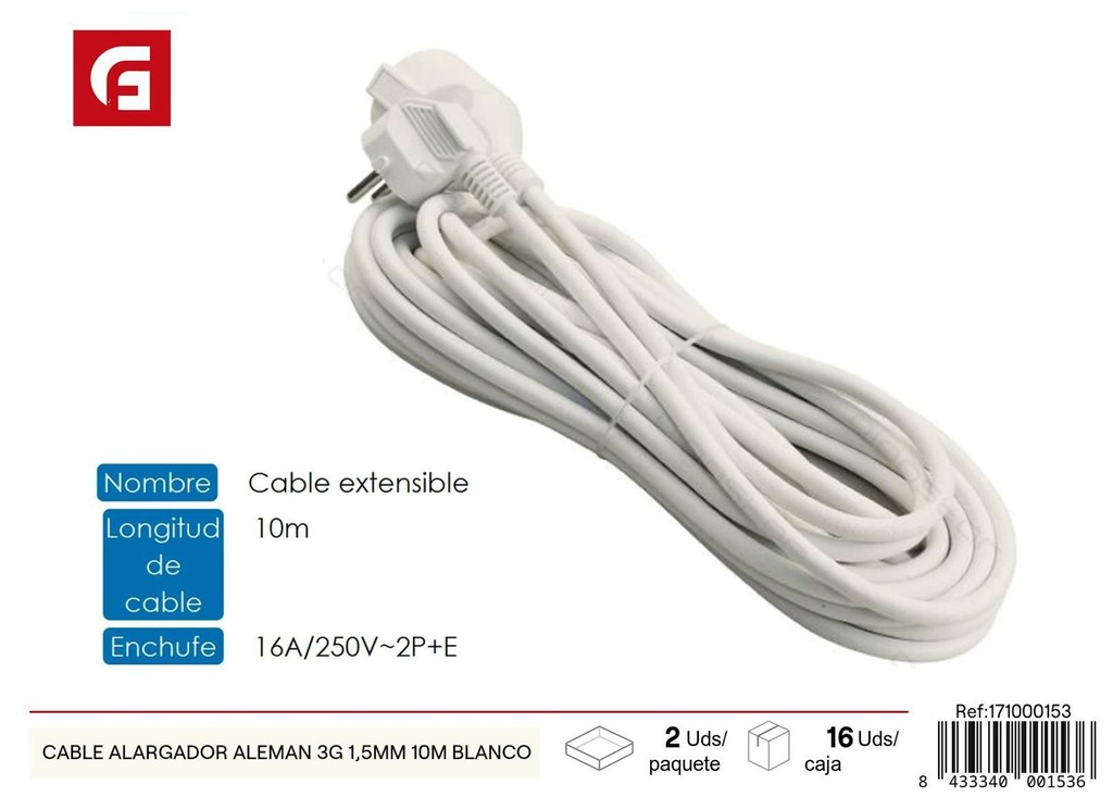 Cable alargador alemán 3G 1.5mm 10m blanco