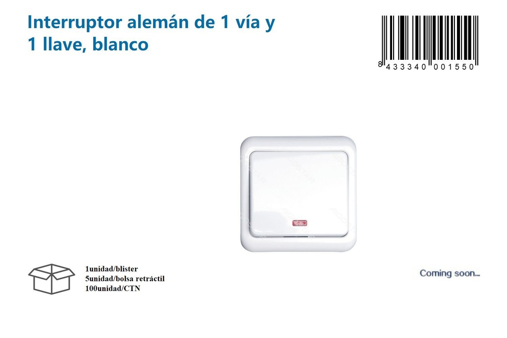 Interruptor alemán de 1 vía y 1 llave, blanco