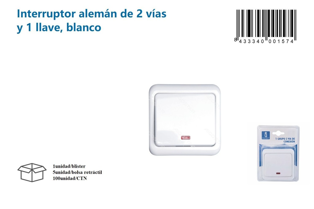 Interruptor de pared alemán blanco de 2 vías y 1 tecla - Accesorios eléctricos