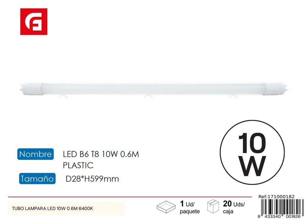 Tubo de plástico LED 0,6M 10W 6500K - Iluminación eficiente