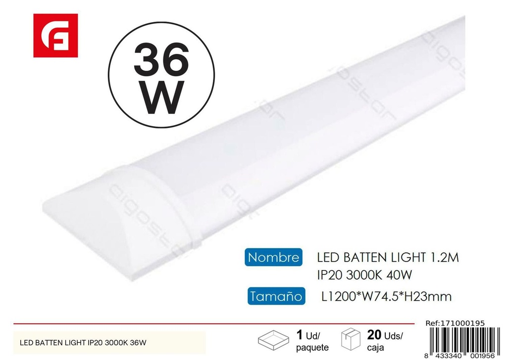 Lámpara LED batten light IP20 3000K 36W para iluminación