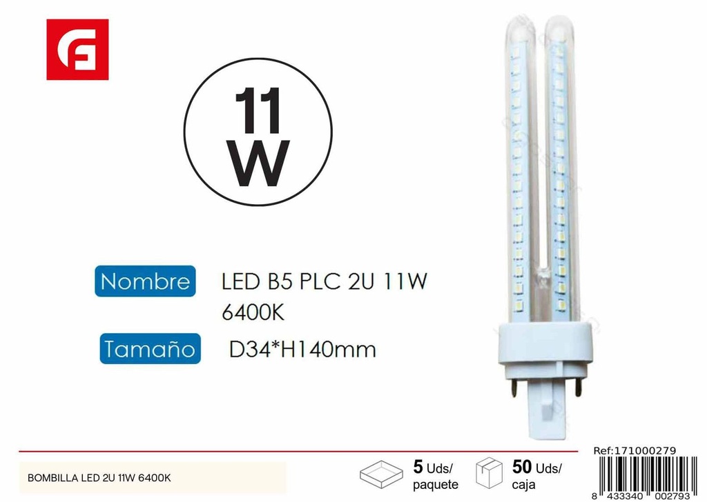 Tubo LED PLC 2U 11W G24D-3 6500K para iluminación