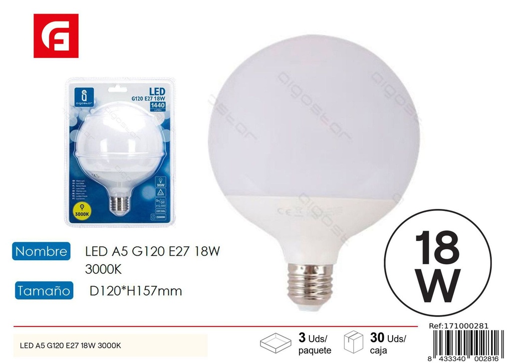 Bombilla LED G120 E27 18W 3000K