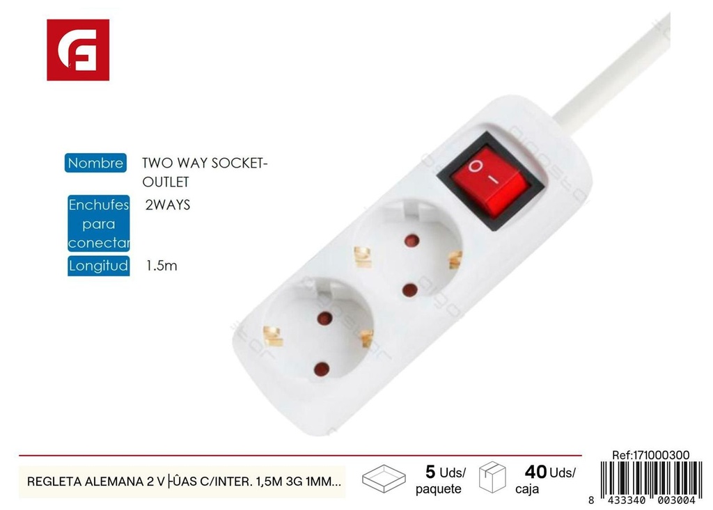 Regleta alemana 2 vías con interruptor 1.5m 3G 1mm blanca