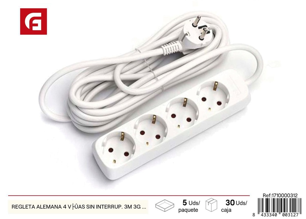 Regleta alemana 4 vías sin interruptor 3m 3G 1.5mm blanca