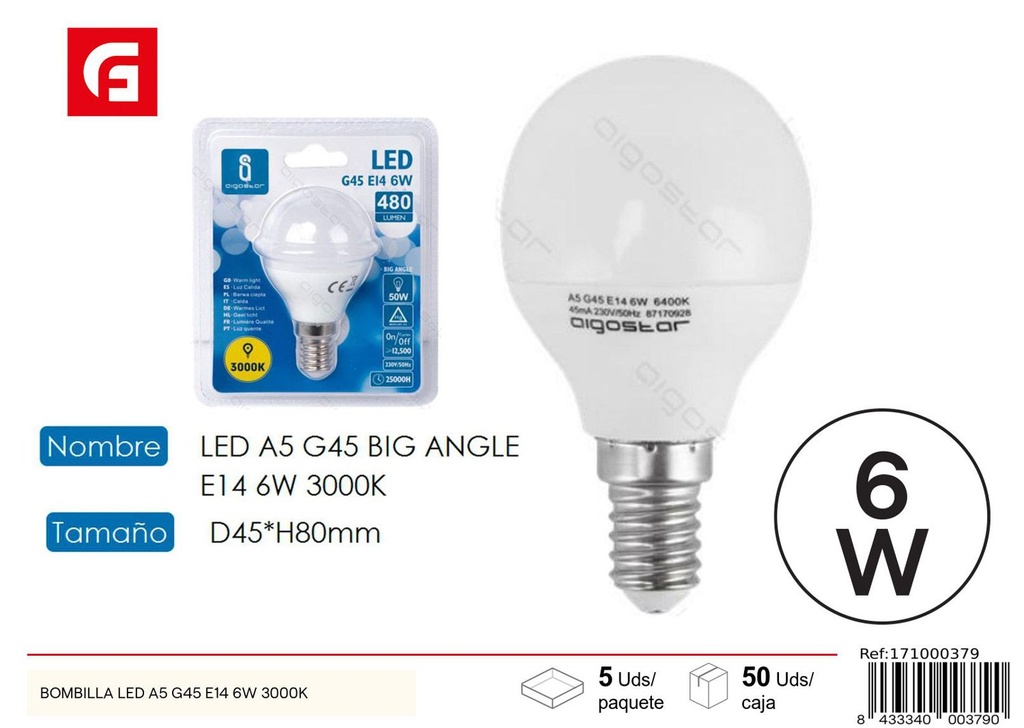 Bombilla LED G45 E14 6W 3000K