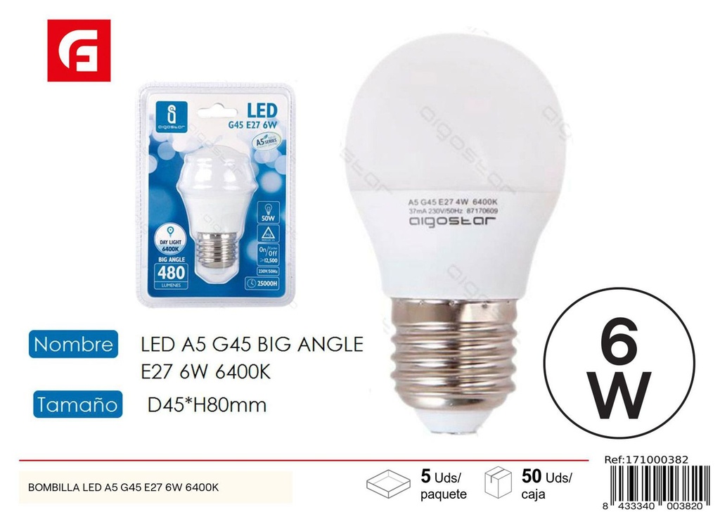 Bombilla LED G45 E27 6W 6500K para iluminación