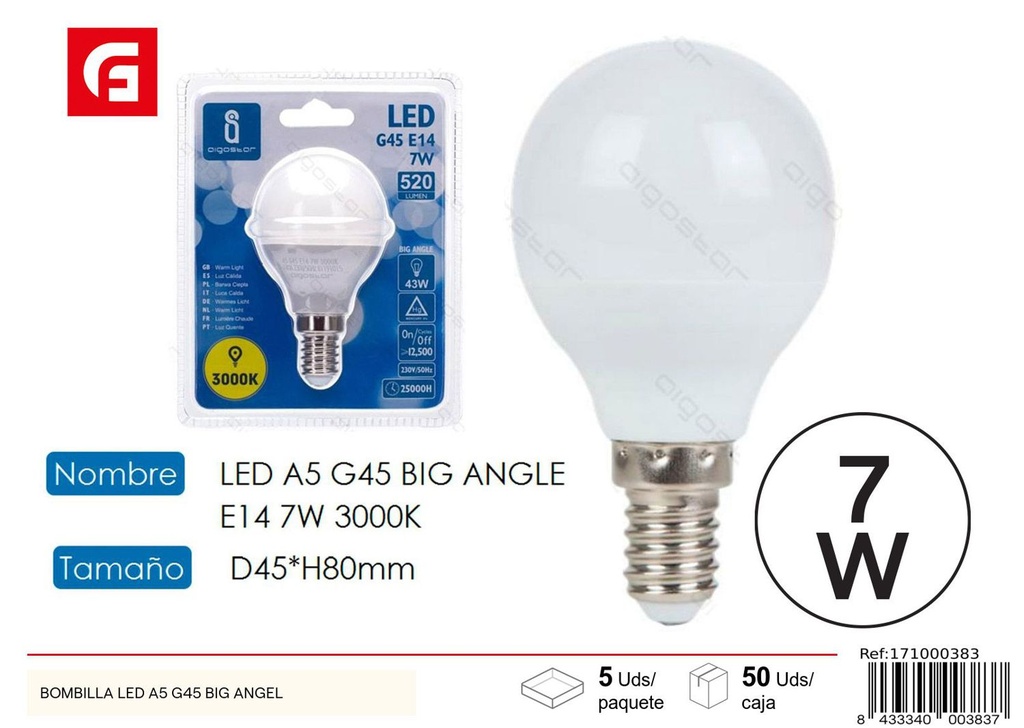 Bombilla LED G45 E14 7W 3000K para iluminación