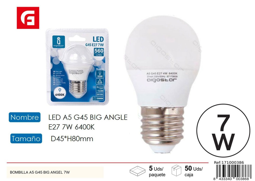 Bombilla LED G45 E27 7W 6500K 