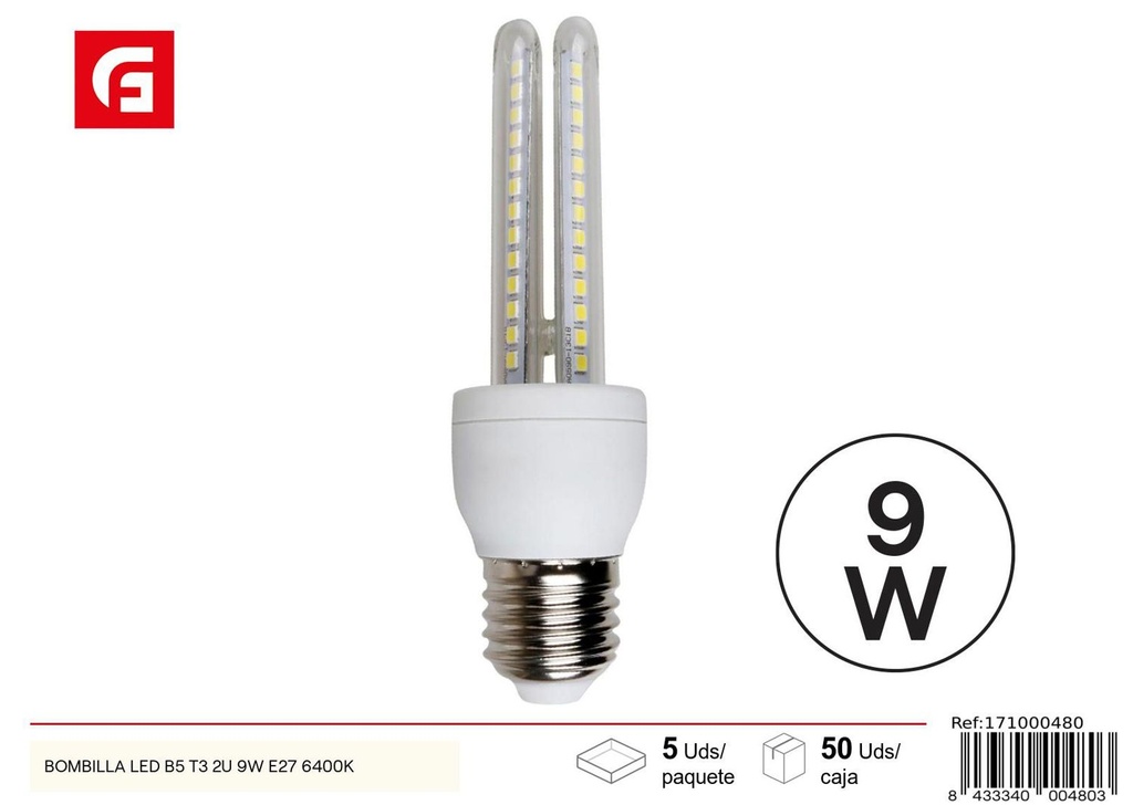 Bombilla LED en forma de U 2U E27 9W 6500K para iluminación