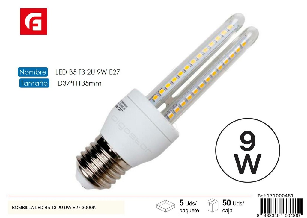 Bombilla LED en forma de U 2U E27 9W 3000K para iluminación