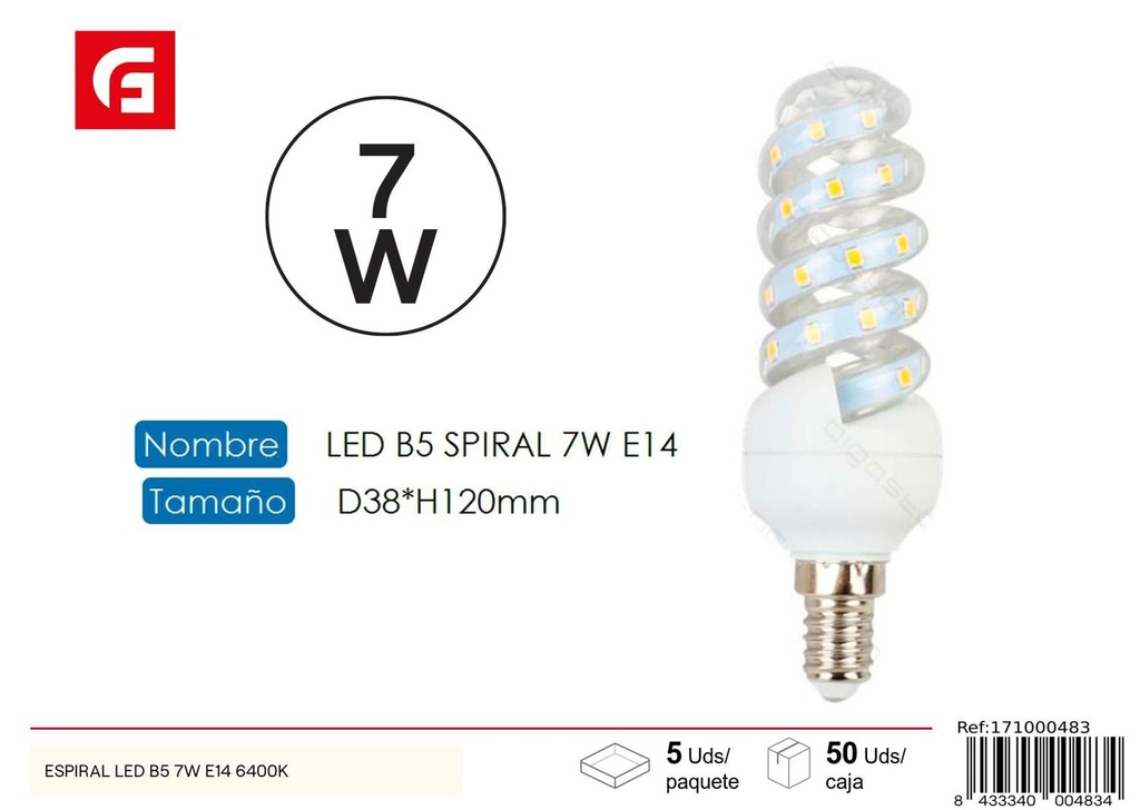 Bombilla LED espiral E14 7W 6500K para iluminación eficiente