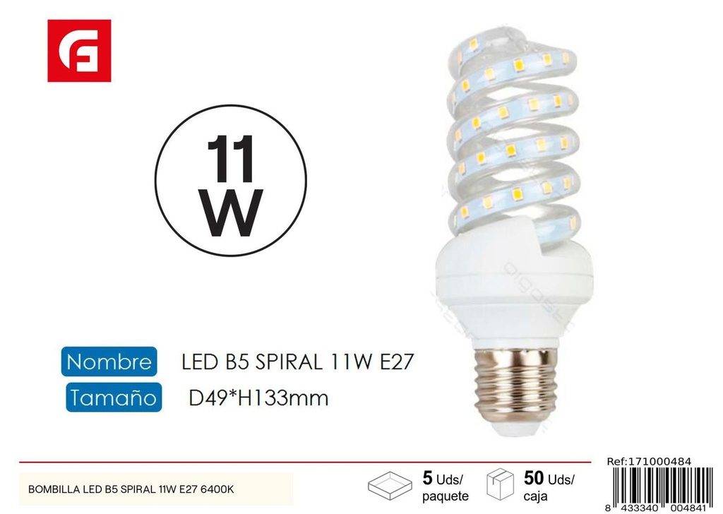 Bombilla LED espiral E27 11W 6500K para iluminación