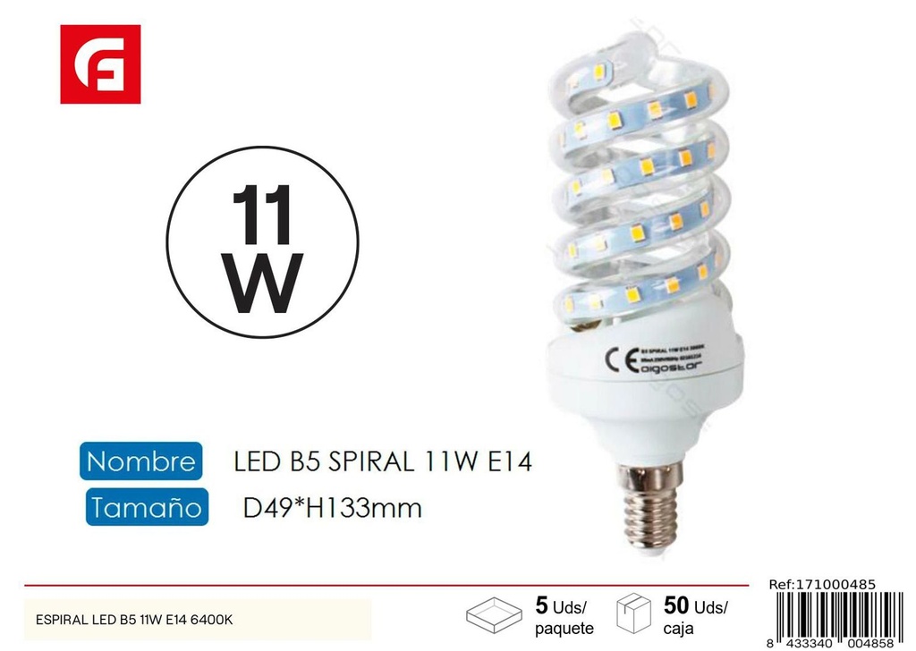 Bombilla LED espiral E14 11W 6500K