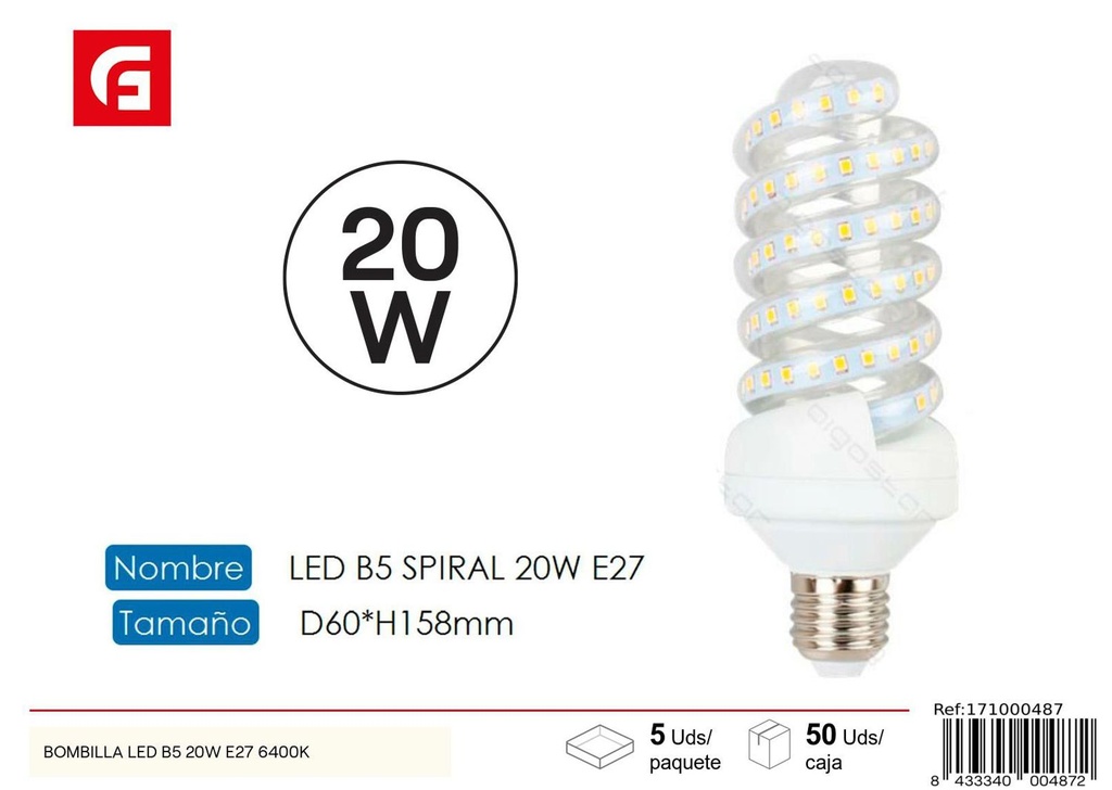 Bombilla LED espiral E27 20W 6500K