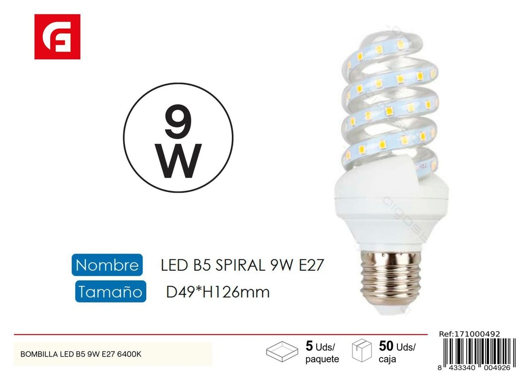 Bombilla LED espiral E27 9W 6500K