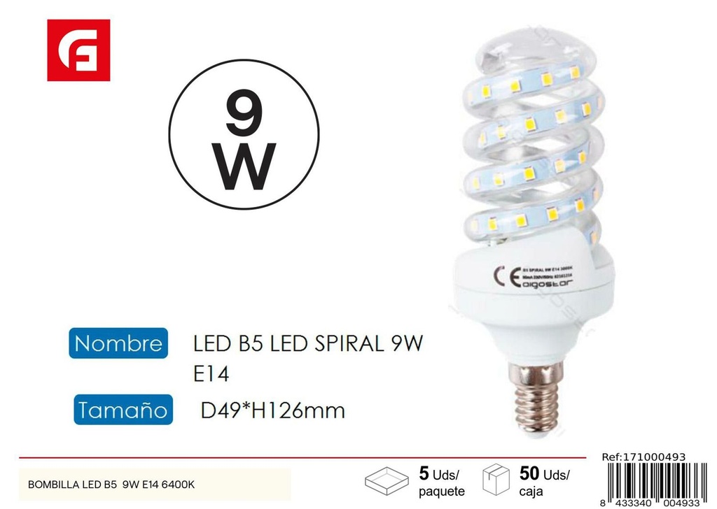 Bombilla LED espiral E14 9W 6500K