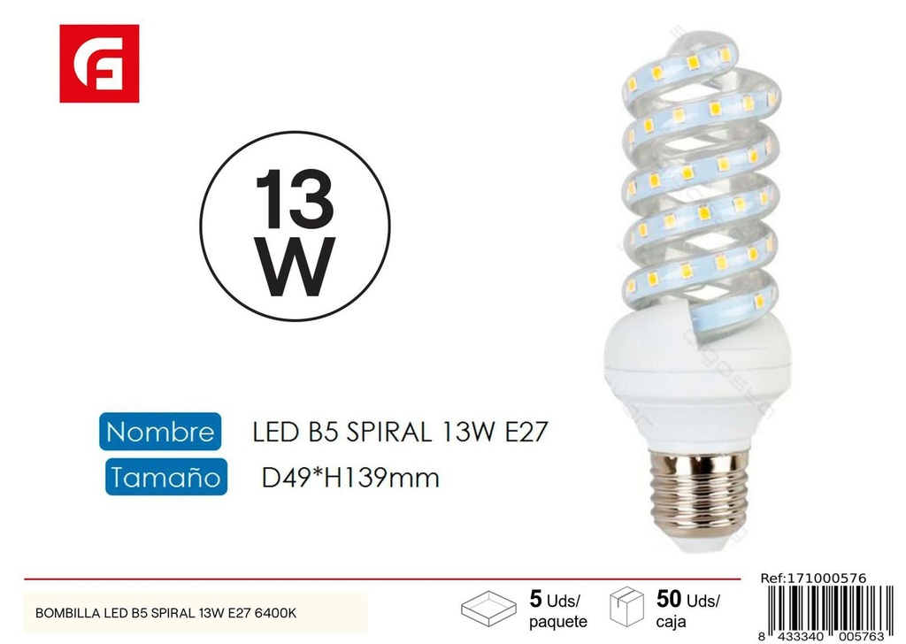 Bombilla LED espiral E27 13W 6500K