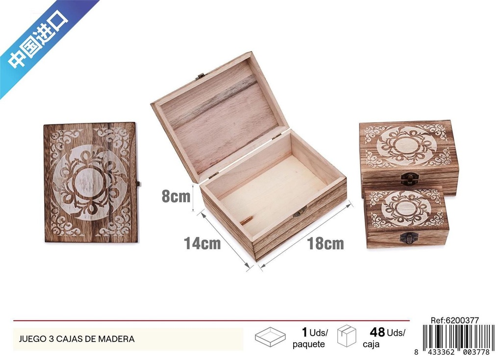 Juego de 3 cajas de madera para almacenamiento