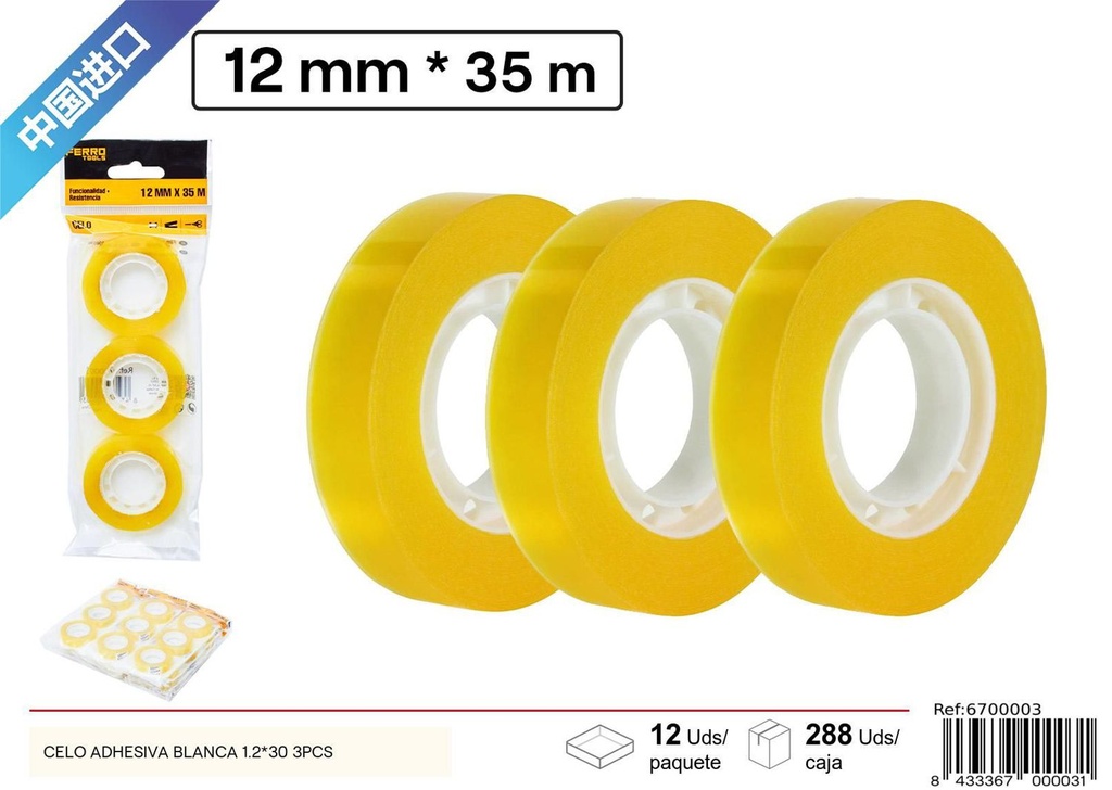 Cinta adhesiva blanca 1.2x30 3pcs - Artículos de adhesivos y cintas