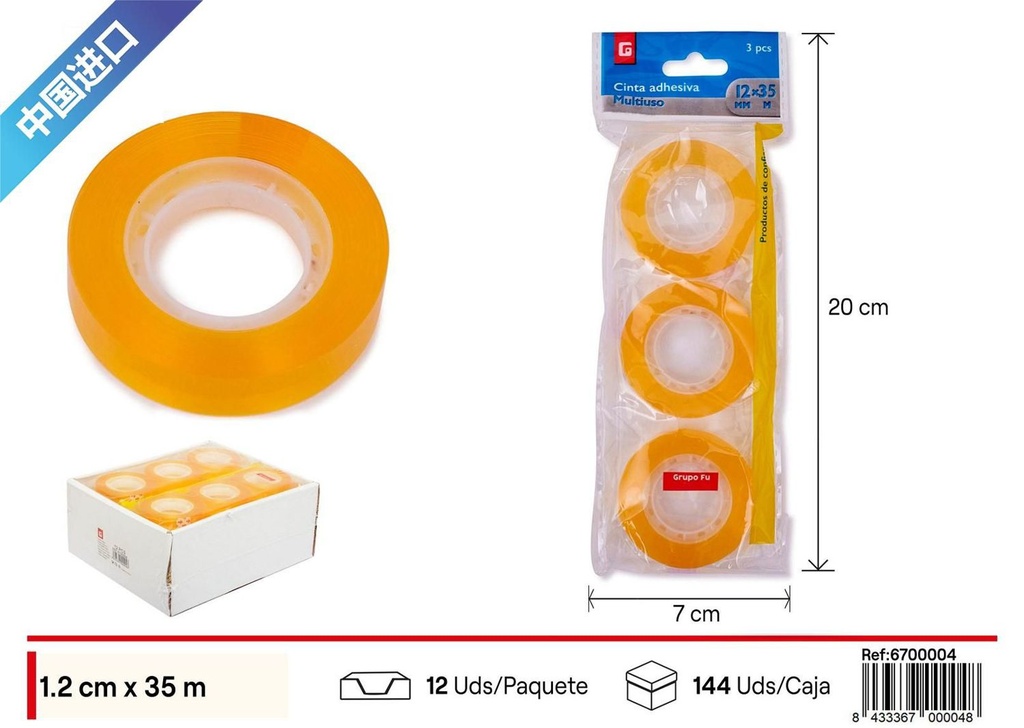 Cinta adhesiva amarilla 1.2x30 3pcs - Artículos de adhesivos y cintas