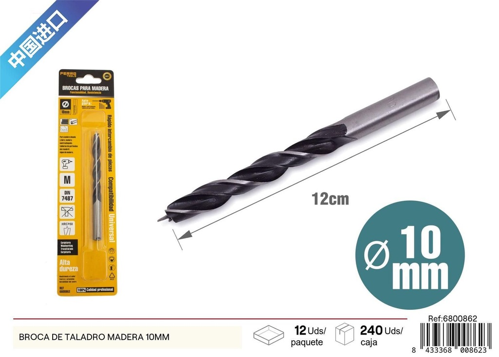 Broca de taladro para madera 10mm para perforación