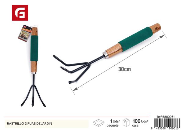 Rastrillo de jardín 3 púas con mango ergonómico