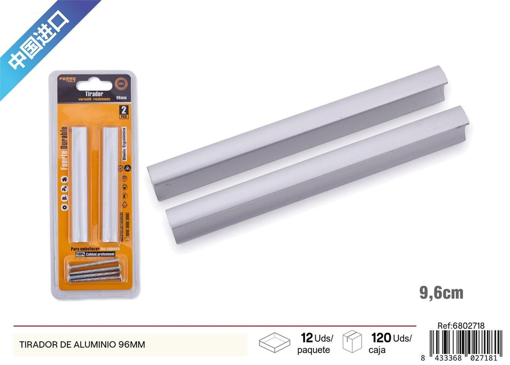 Tirador de aluminio 96mm para muebles y cajones