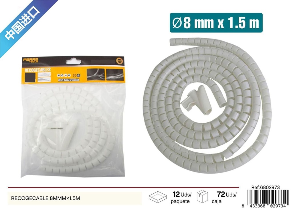 Recoge cables blanco 8mm x 1.5m - Accesorios de ferretería